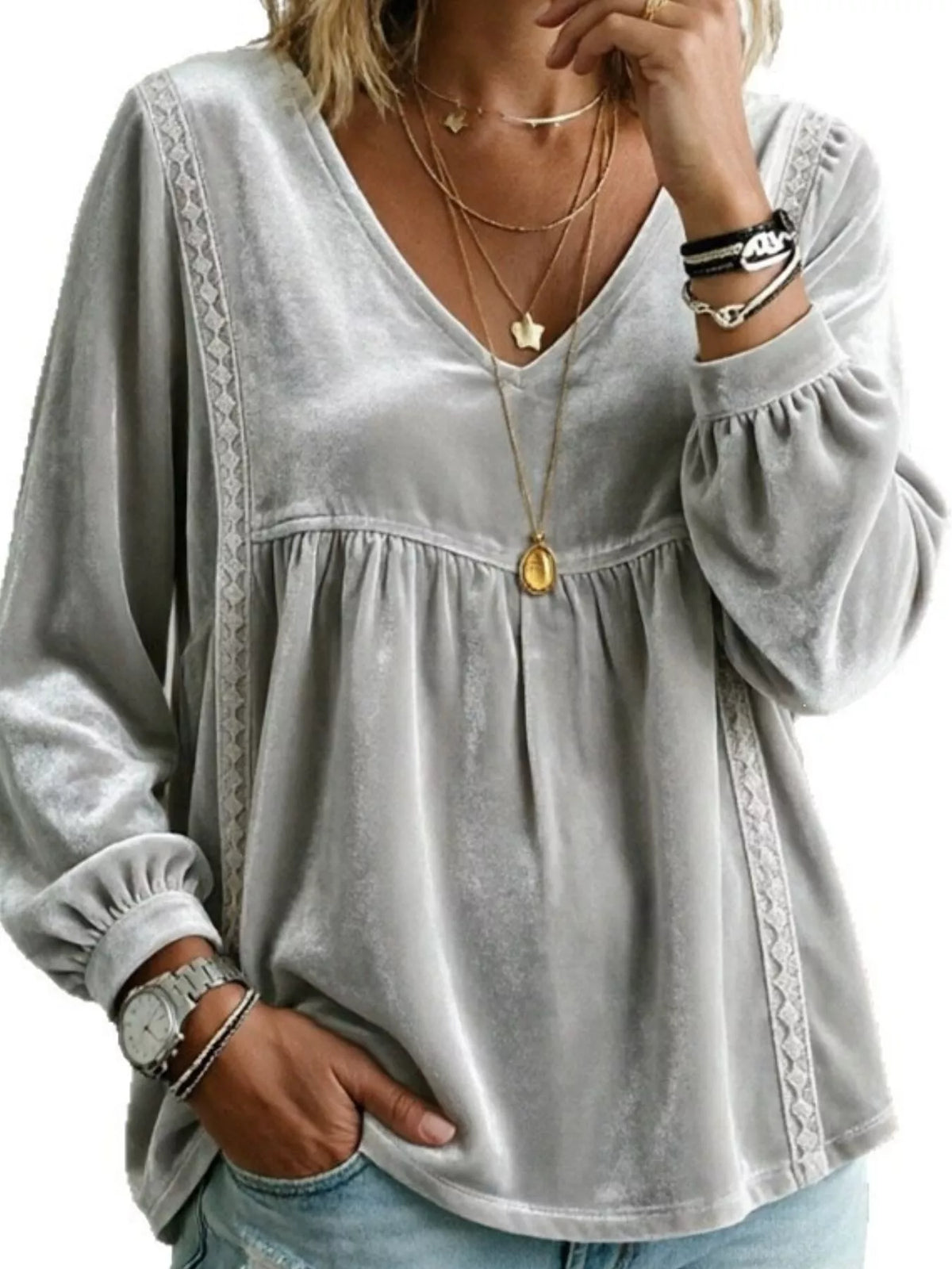 Full Size V-Neck Long Sleeve Velvet Blouse with Lace Trim Plus Size