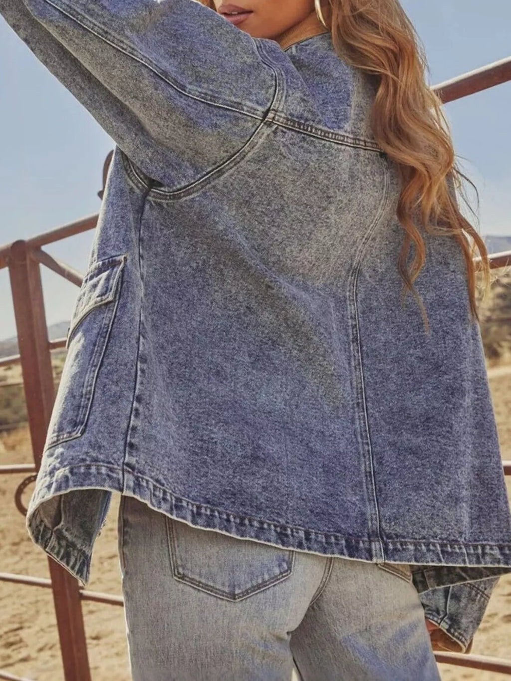 Women's Blue Zip Up Contrast Corduroy Collar Denim Jacket - Blue