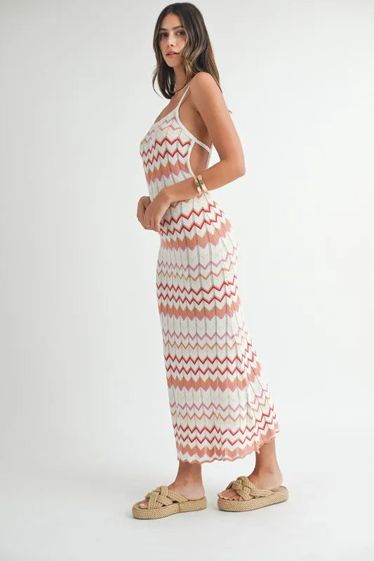Women's Salmon Lightweight Pointelle Chevron Knit Maxi Dress - Salmon