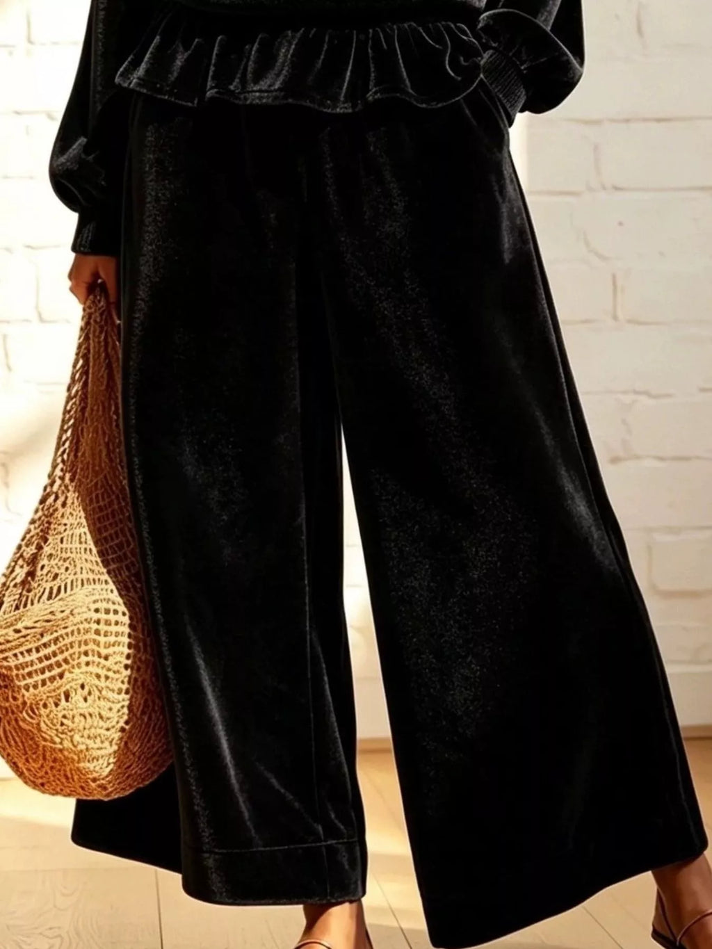 Women's Velvet Peplum Top and Wide-Leg Pants Set