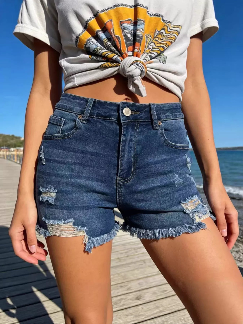 Women's Distressed Frayed Hem Denim Shorts - Dark Blue