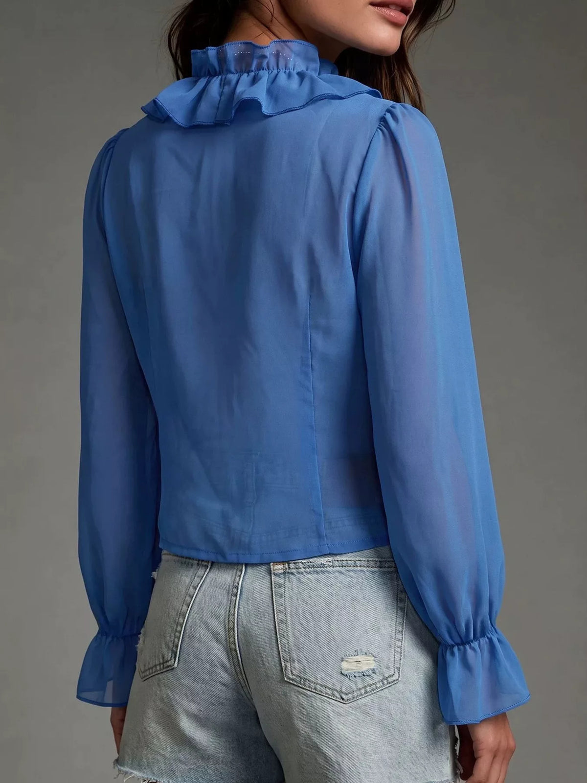 Women's Dark Blue V-Neck Ruffled Chiffon Blouse - Dark Blue