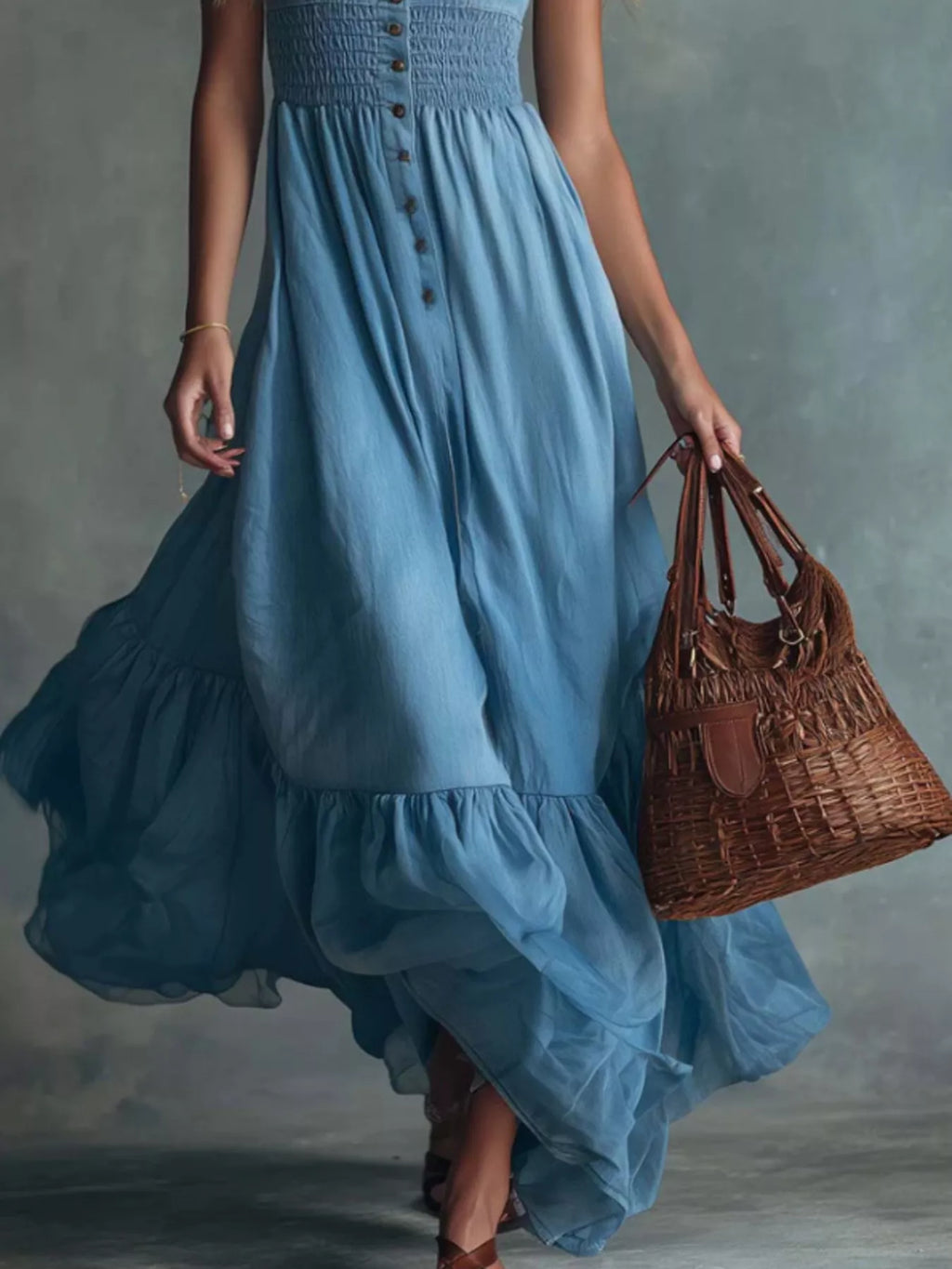 Women's Sky Blue Smocked Button Front Denim Maxi Dress - Sky Blue