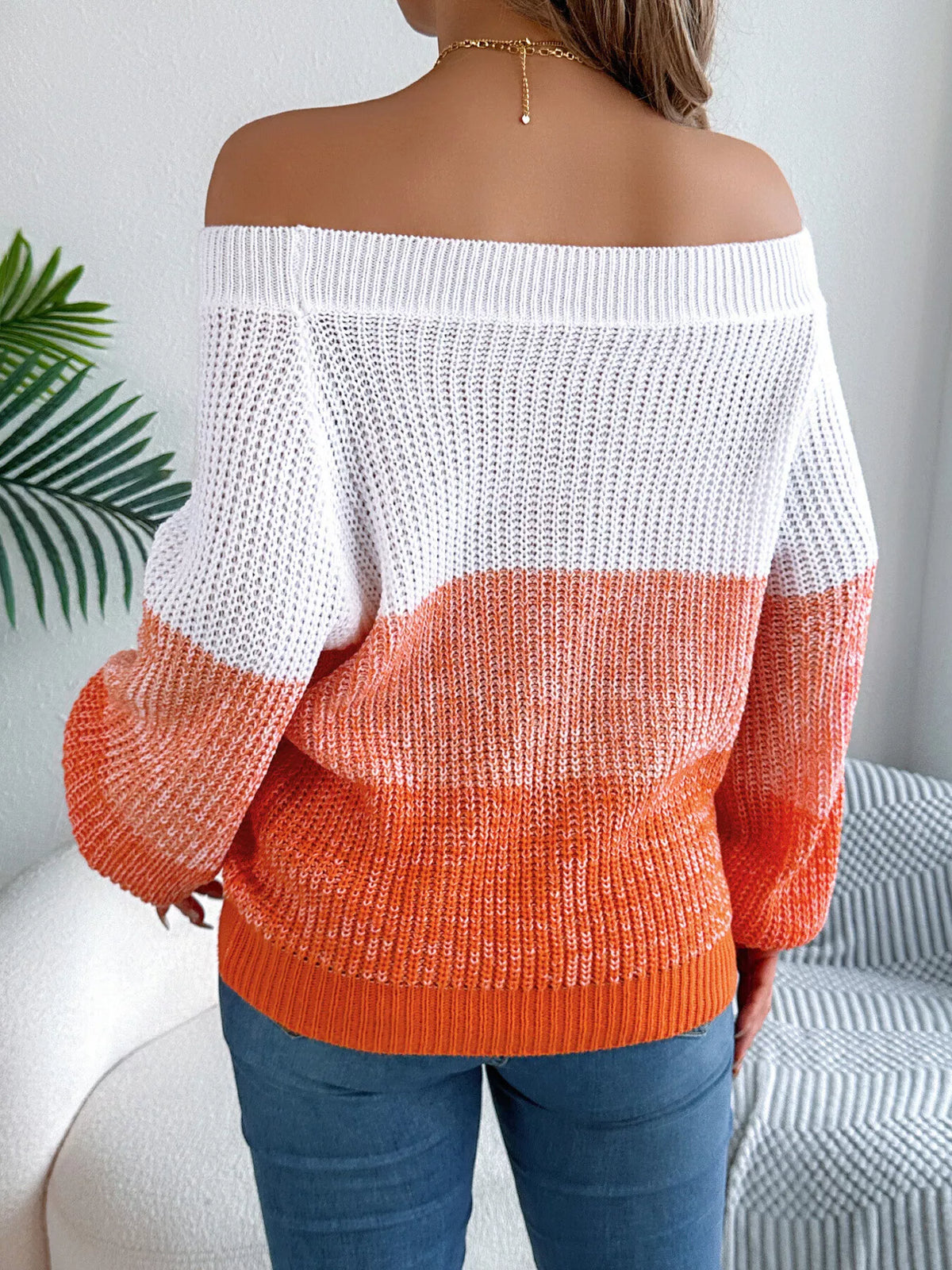 Women's Off-Shoulder Color Block Sweater