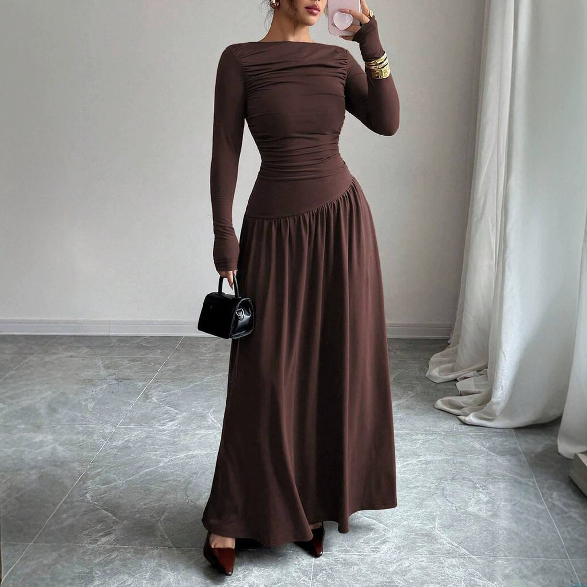 High-end Autumnwinter New Long-sleeve Pleated-waist Off-shoulder Maxi Dress