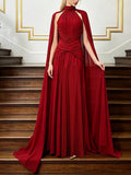 Women's Red Ruched Halter Neck Cape Maxi Dress - Red