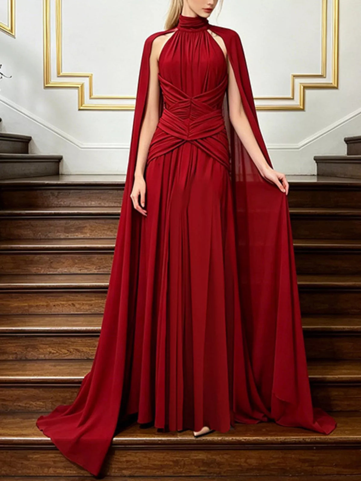 Women's Red Ruched Halter Neck Cape Maxi Dress - Red