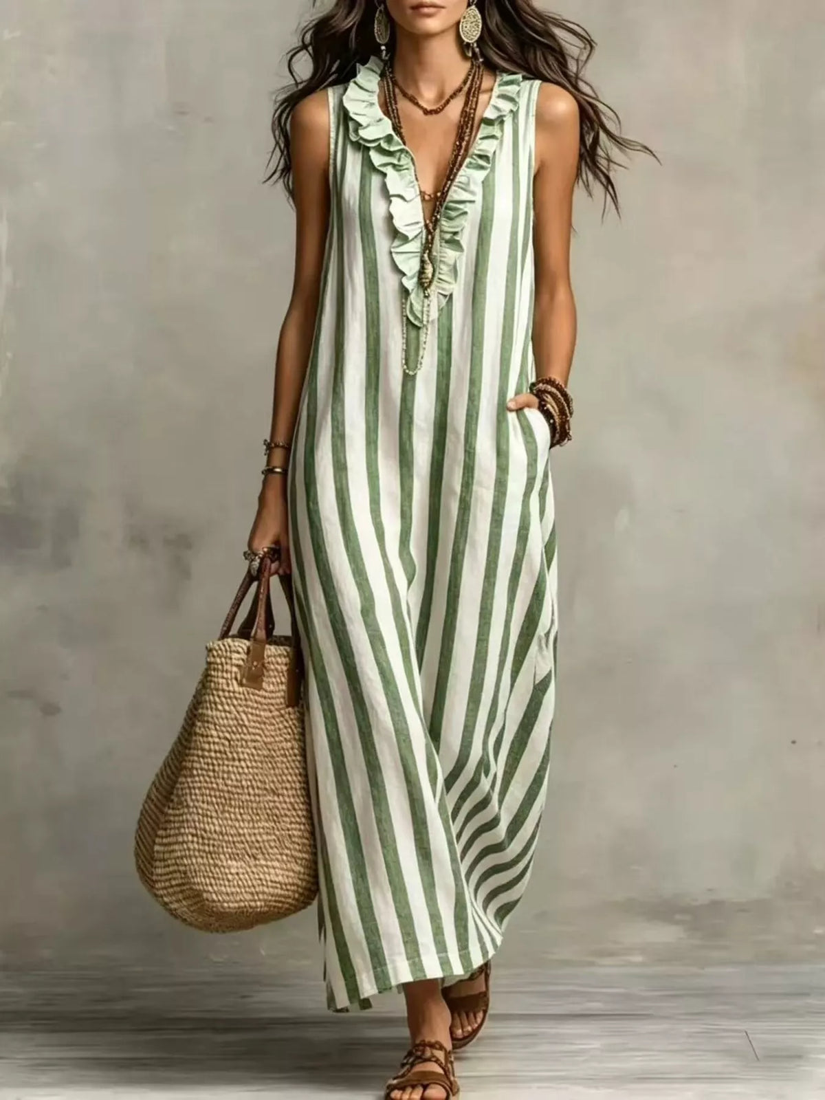 Full Size Sleeveless Striped Ruffle V-Neck Maxi Dress Plus Size