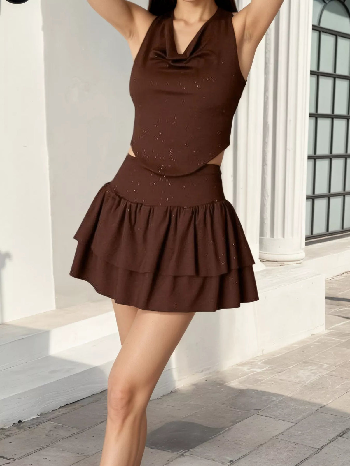Women's Halter Neck Crop Top and Layered Ruffle Mini Skirt Set