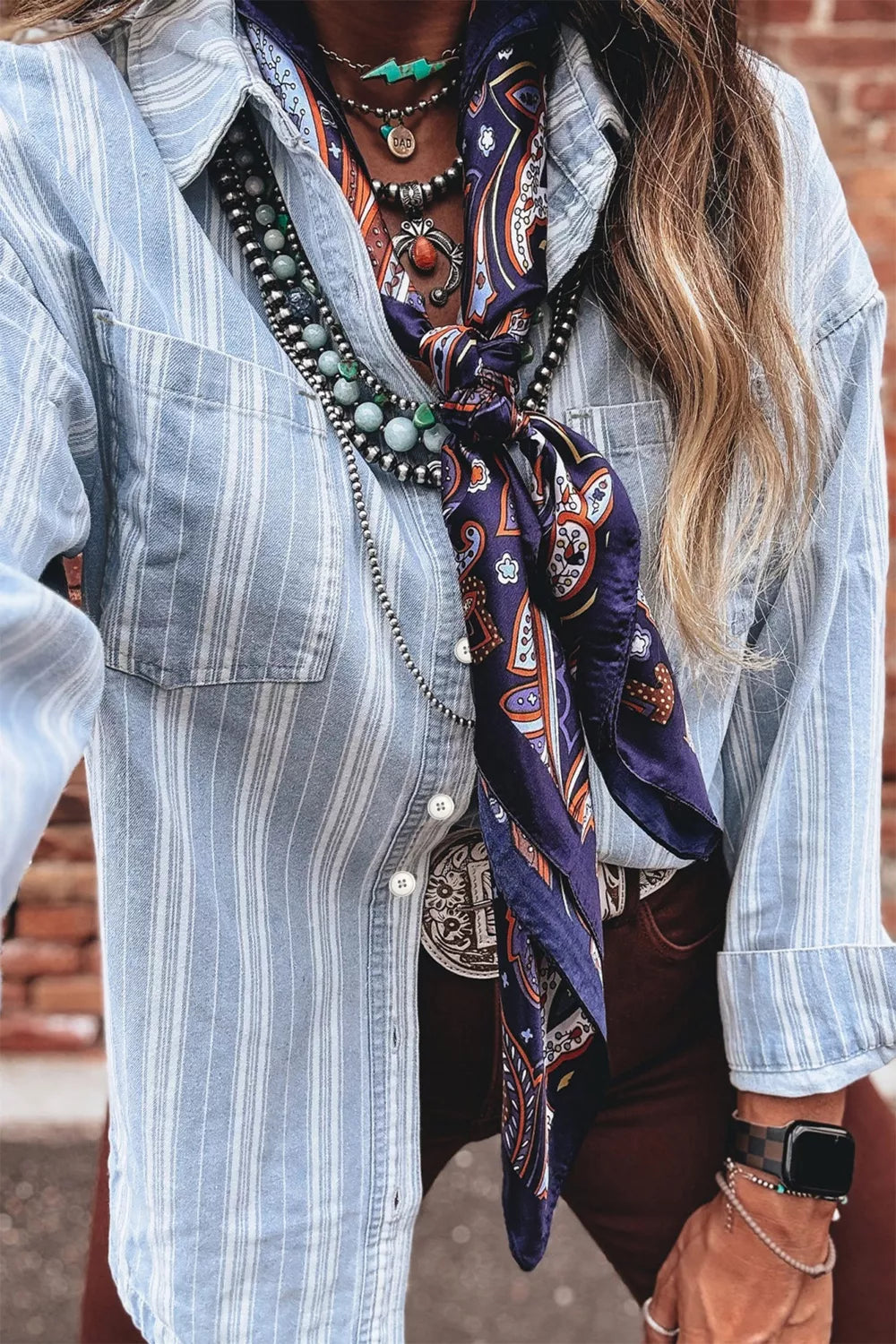 Women's Light Blue Stripe Boyfriend Chest Pocket Classic Denim Shacket - Light Blue