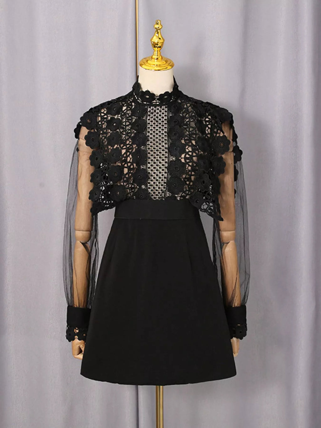 Women's Black Lace Sheer Sleeve Mini Dress - Black