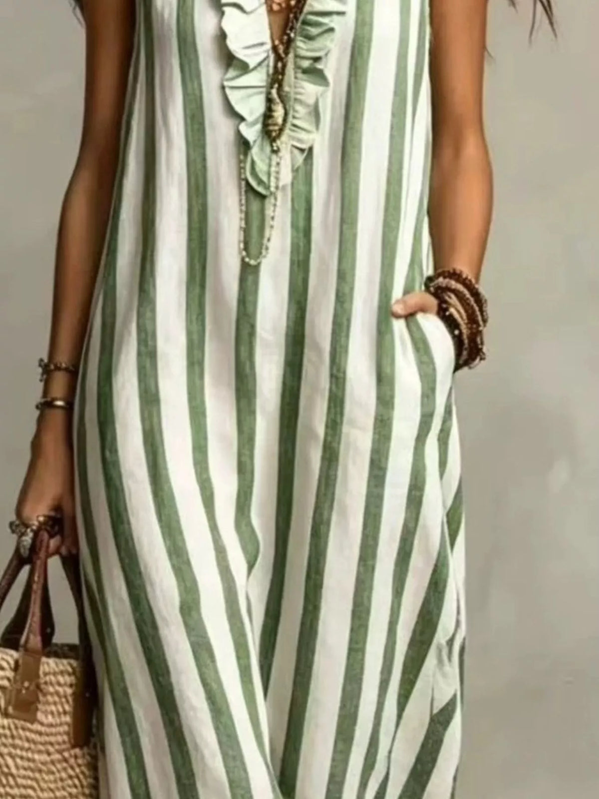 Full Size Sleeveless Striped Ruffle V-Neck Maxi Dress Plus Size