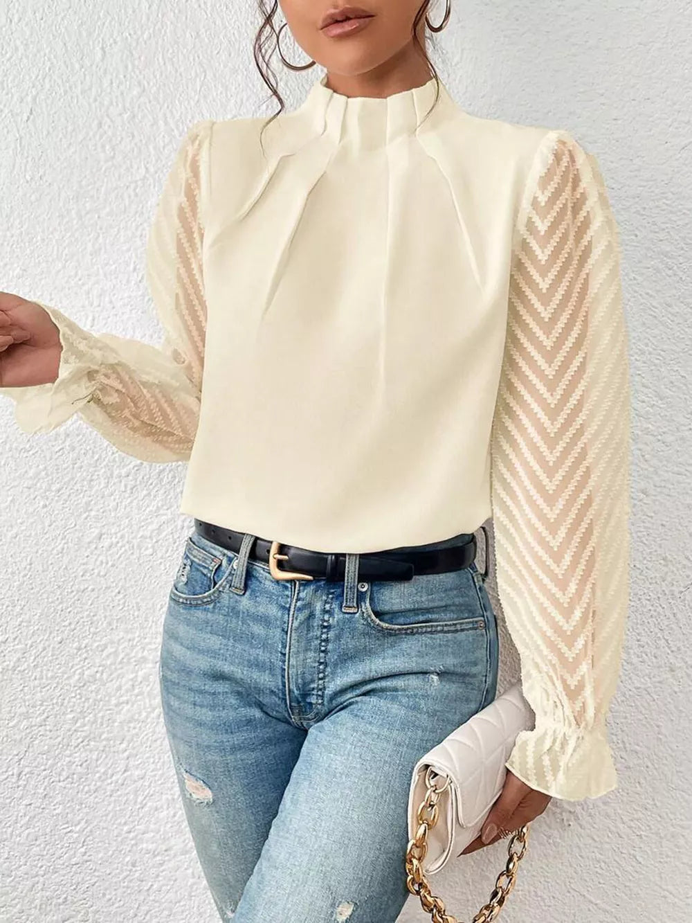 Women's Mock Neck Flounce Sleeve Blouse - Cream