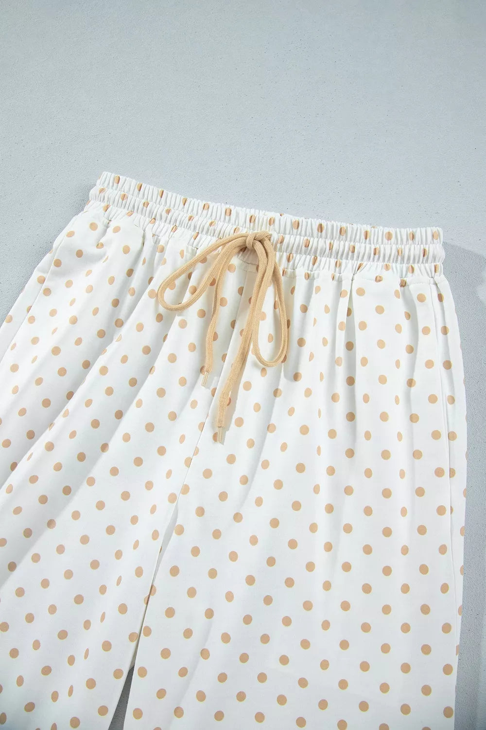 Women's Tan Polka Dot Patchwork Colorblock Long Sleeve Casual Two Piece Pants Set - Tan