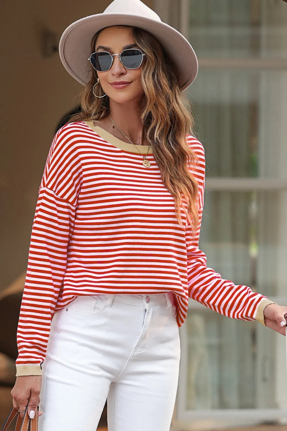 Women's Striped Round Neck Drop Shoulder T-Shirt