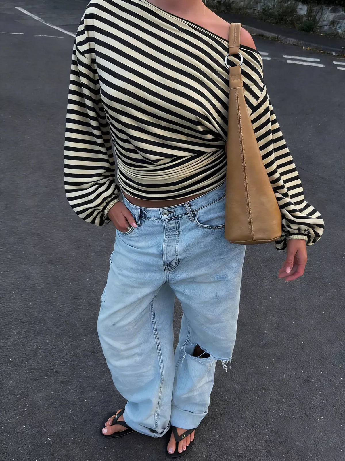 Women's Black Apricot Color One Shoulder Striped Long Sleeve Slim-Fit T-Shirt - Black Apricot Color