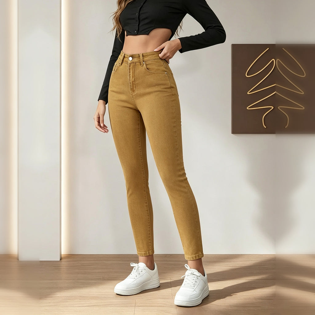Women's Mustard Yellow High Waist Skinny Jeans, Solid Color Stretch Slim Fit Ankle Denim Pants With Pockets