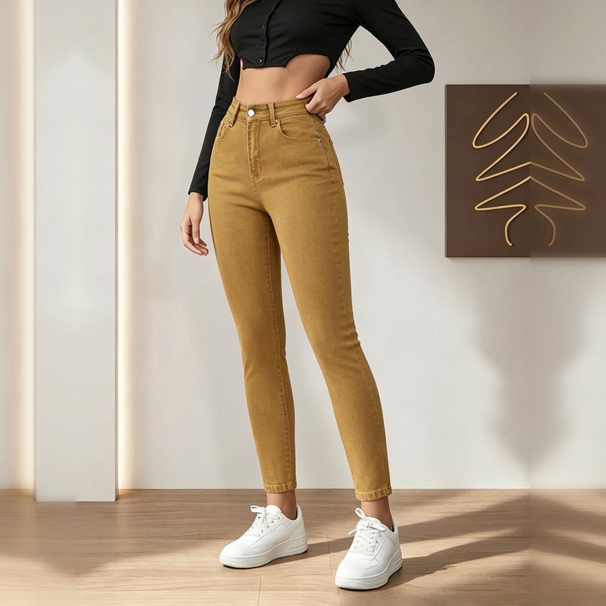 Women's Mustard Yellow High Waist Skinny Jeans, Solid Color Stretch Slim Fit Ankle Denim Pants With Pockets
