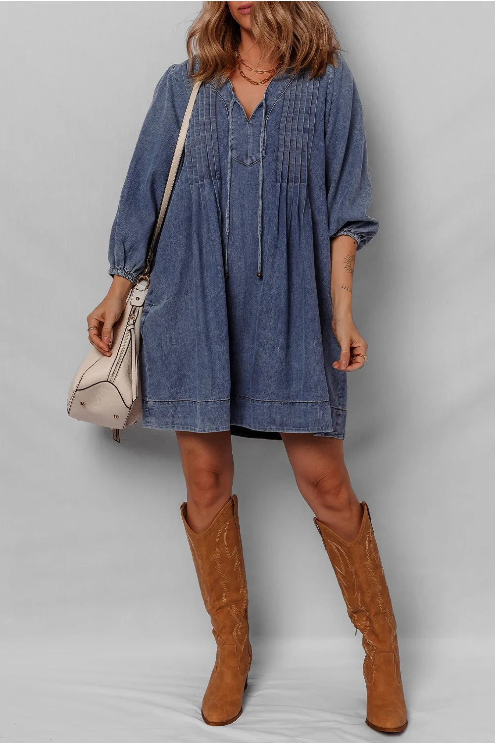 Women's Dark Tie Neck Long Sleeve Mini Denim Dress - Dark
