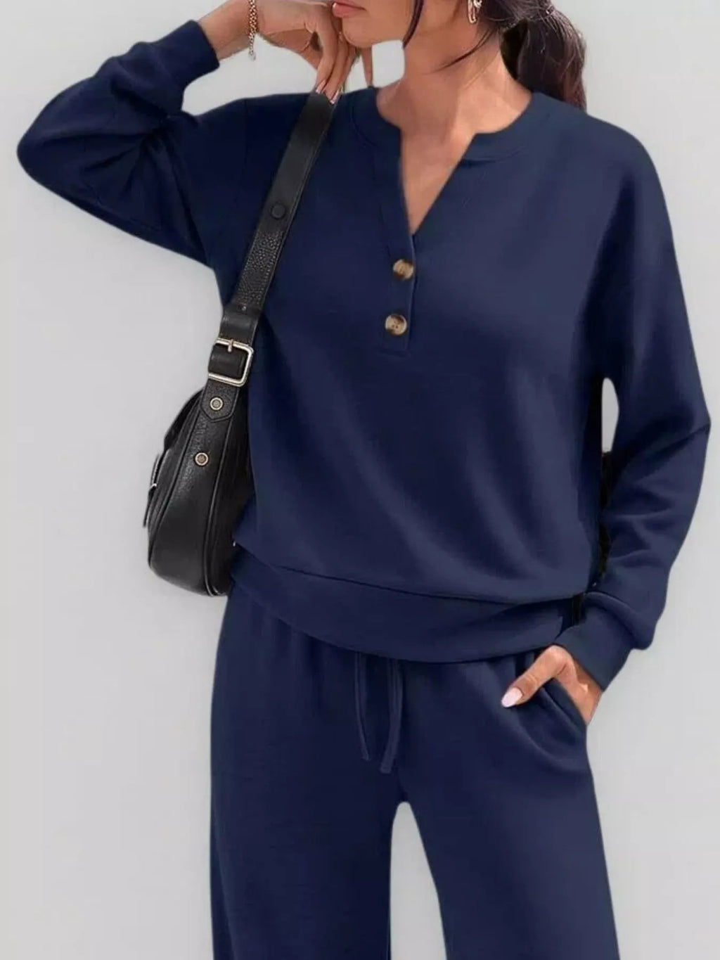 Women's Button Detail Dropped Shoulder Top and Pants Set