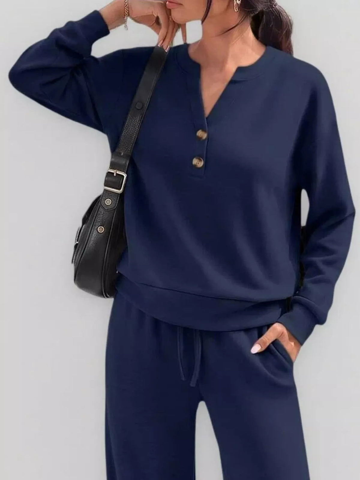 Women's Button Detail Dropped Shoulder Top and Pants Set