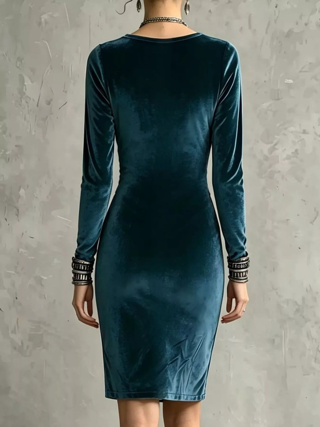 Women's Blue Velvet Long-Sleeve Bodycon Dress - Blue