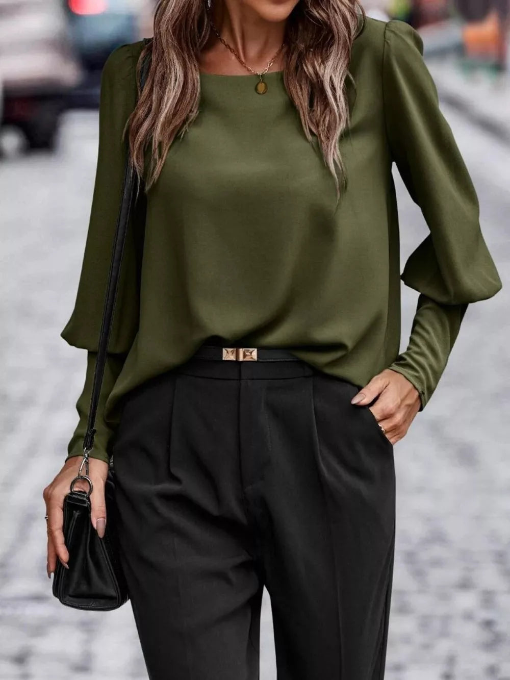 Women's Round Neck Lantern Sleeve Blouse - Black Forest