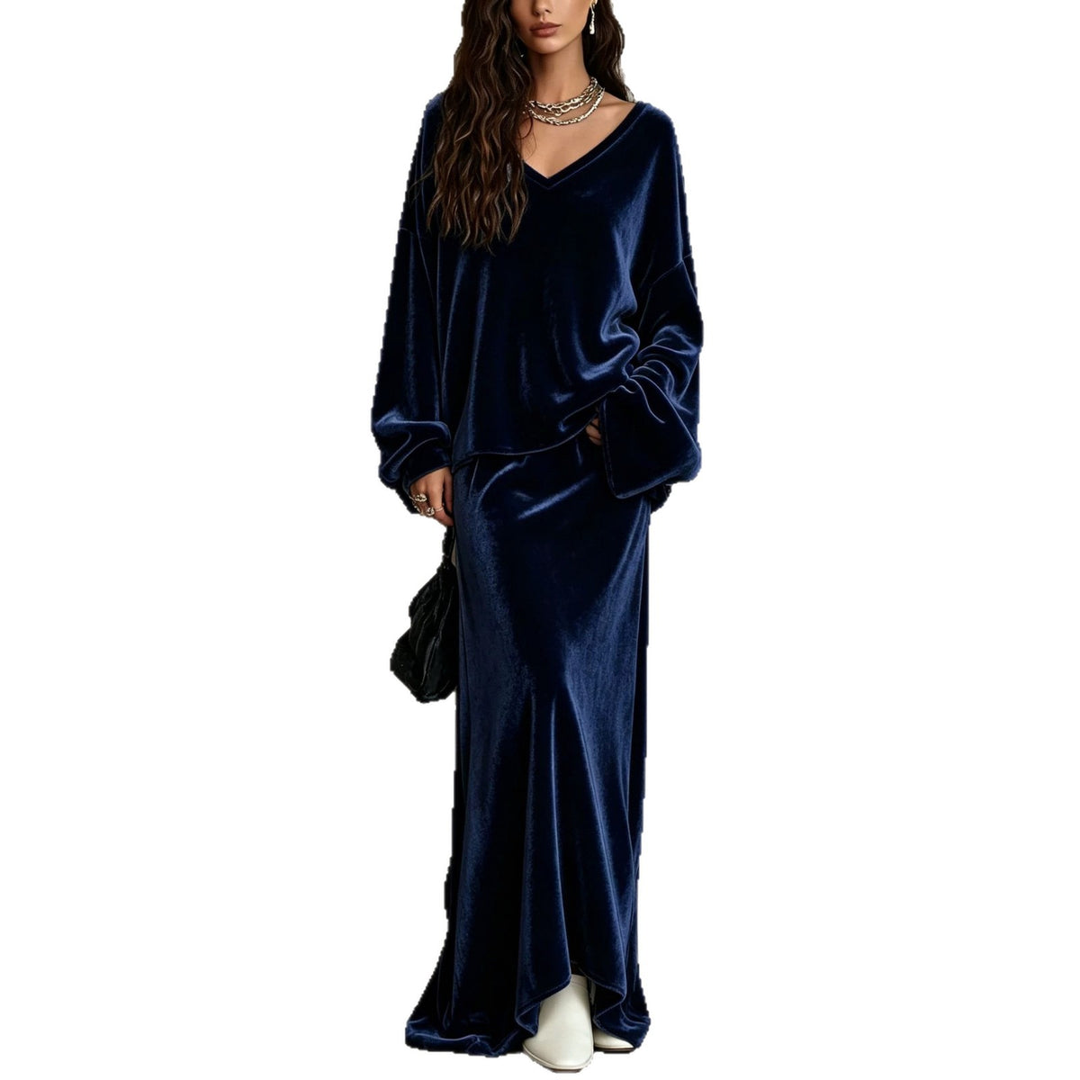 Velvet Loose-fit V-neck Long-sleeve Womens Set