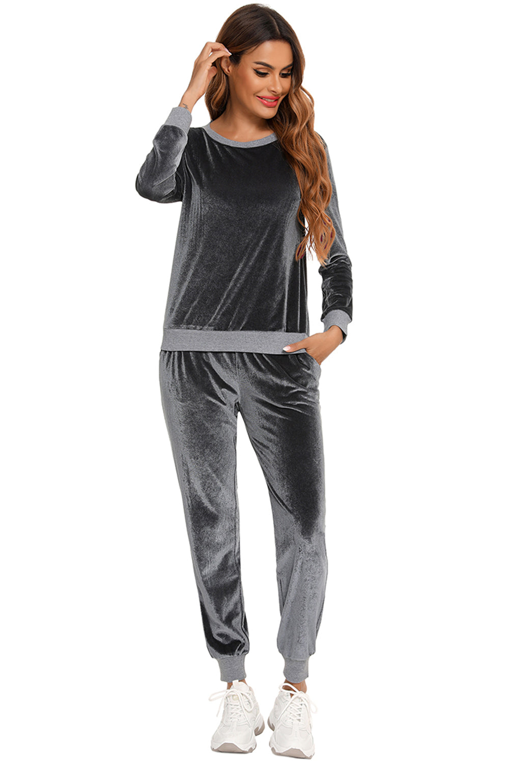 Women's Round Neck Long Sleeve Loungewear Set with Pockets
