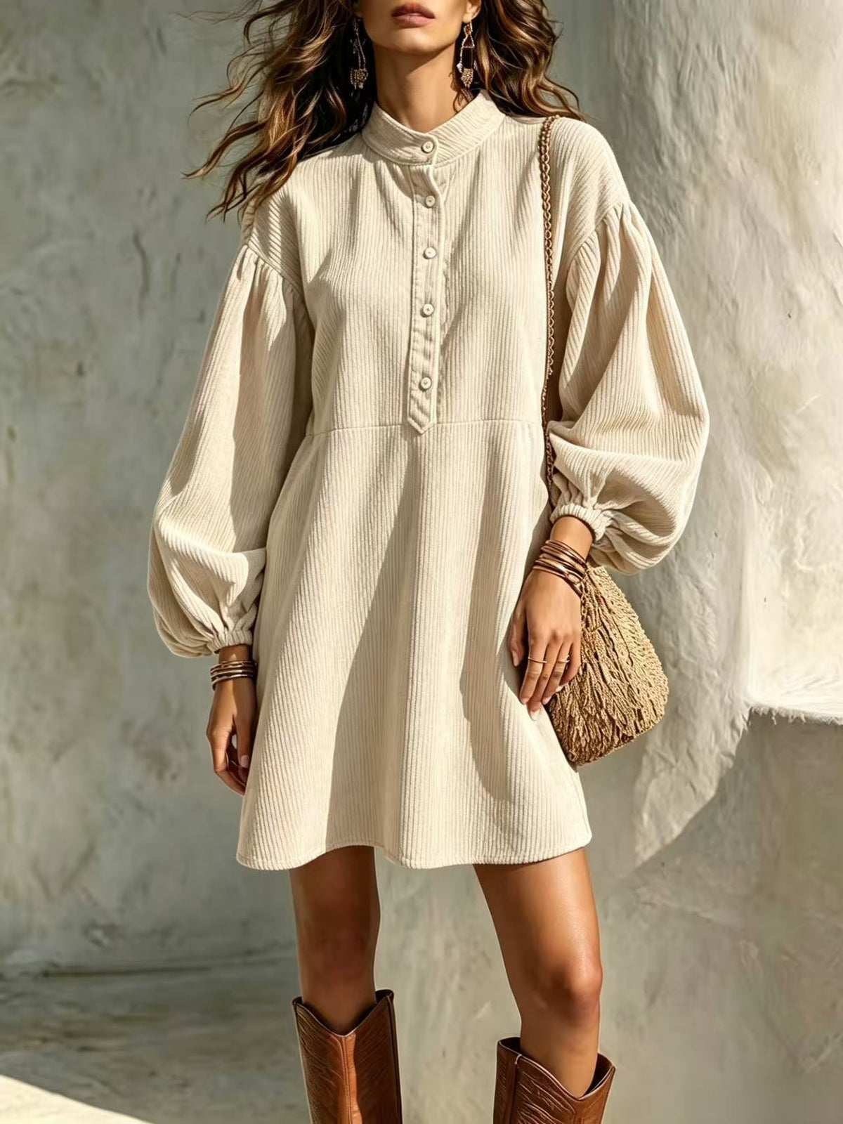 Hot Sale Fall Winter New Women's Fashion Vintage Corduroy Dress With Stand Collar And Lantern Sleeves