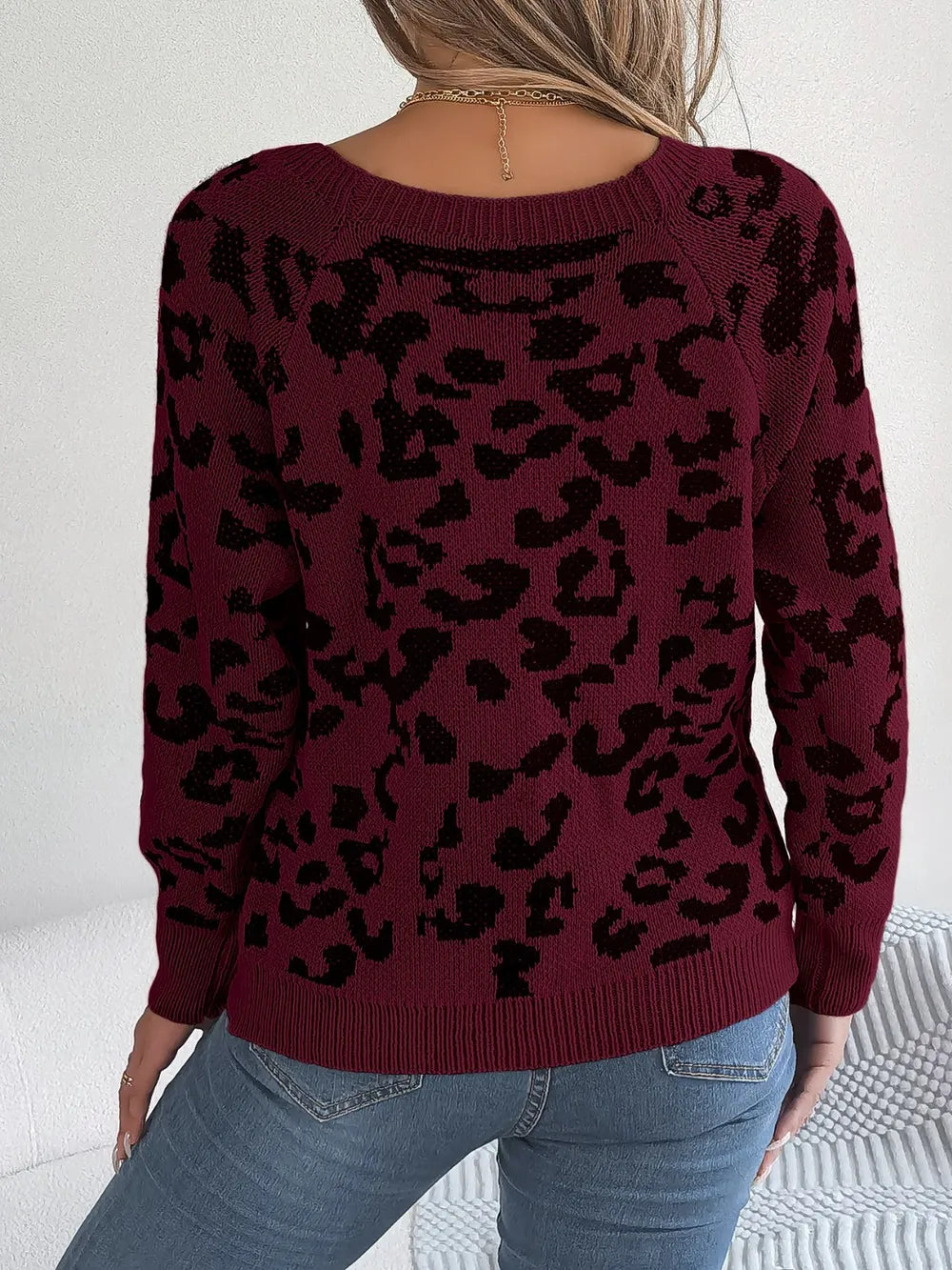 Women's Leopard Buttoned Square Neck Sweater