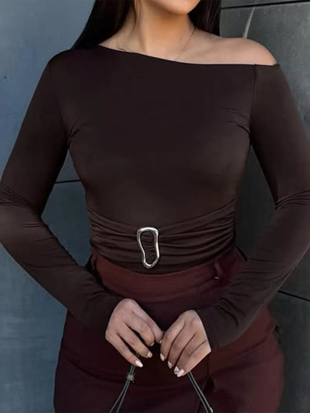 Women's Brown Asymmetrical One-Shoulder Long Sleeve T-Shirt with Metal Buckle Detail - Brown
