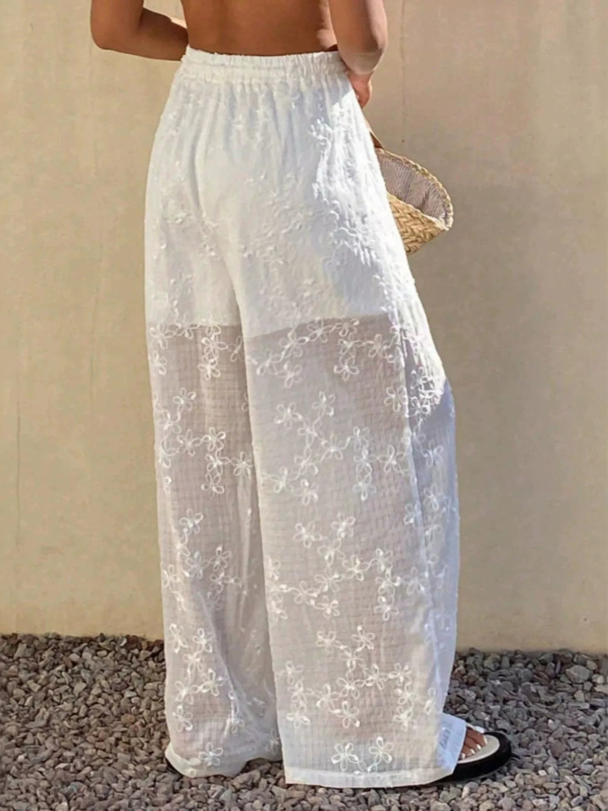 Women's White Drawstring Wide-Leg Pants - White