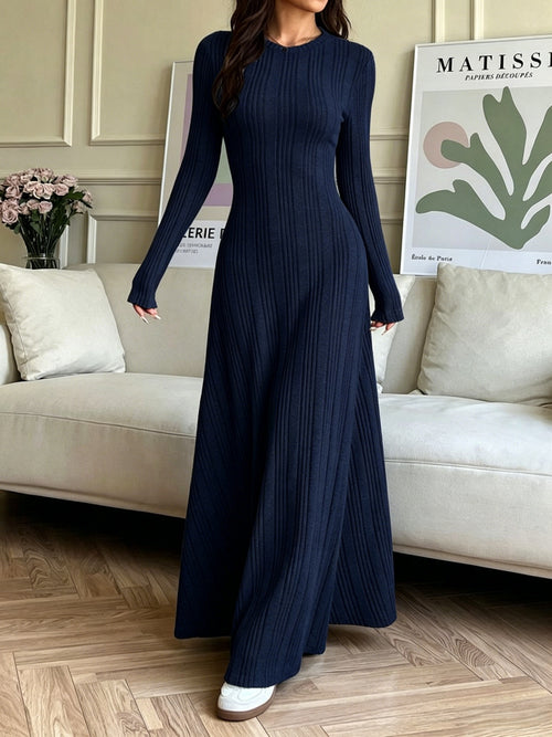 Autumn Winter Women's Fashion Round Neck Long-Sleeve Ribbed Knit Elegant Dress Slim Fit Long Dress