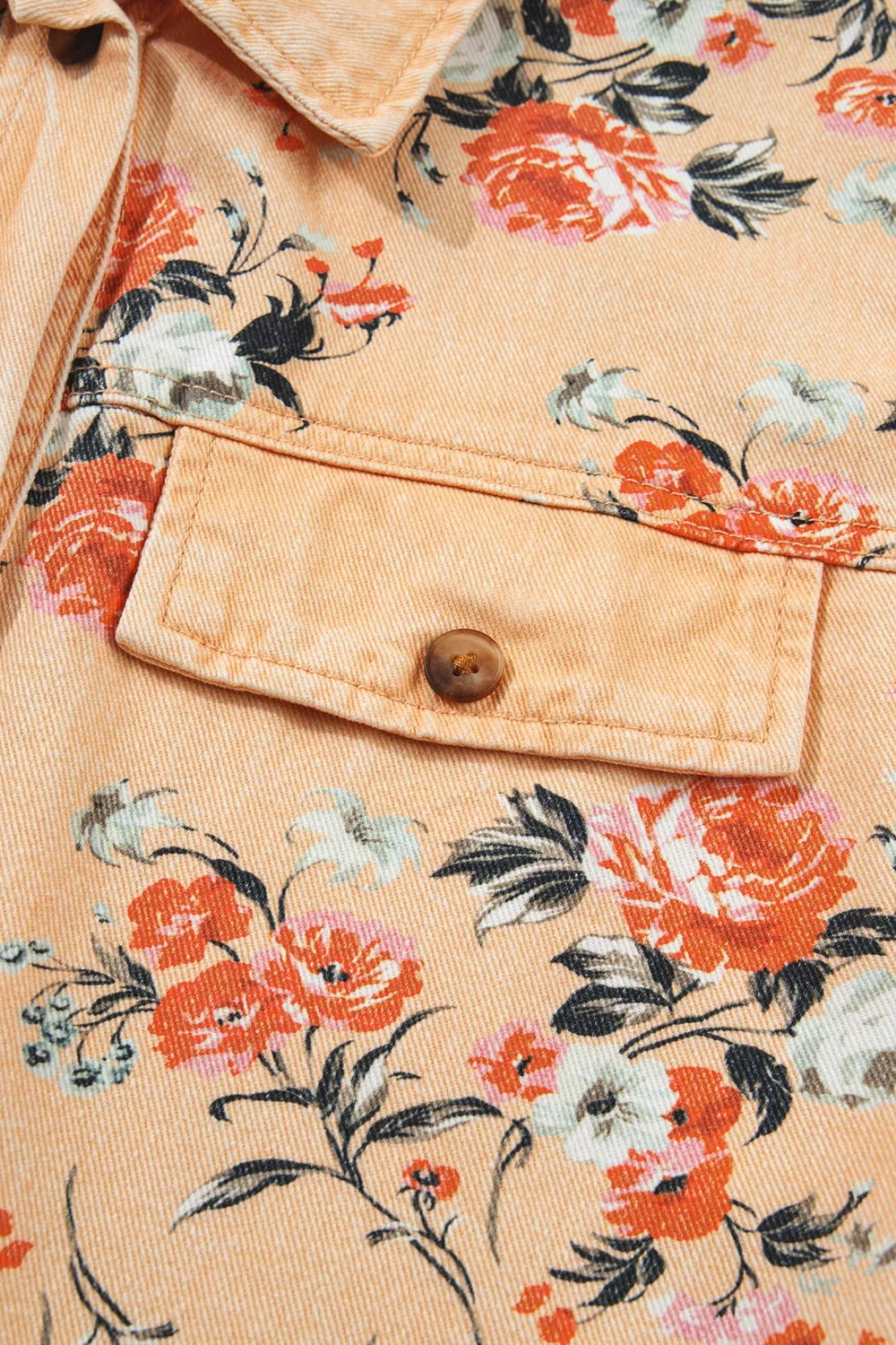 Women's Tan Floral Print Long Sleeve Denim Jacket - Tan