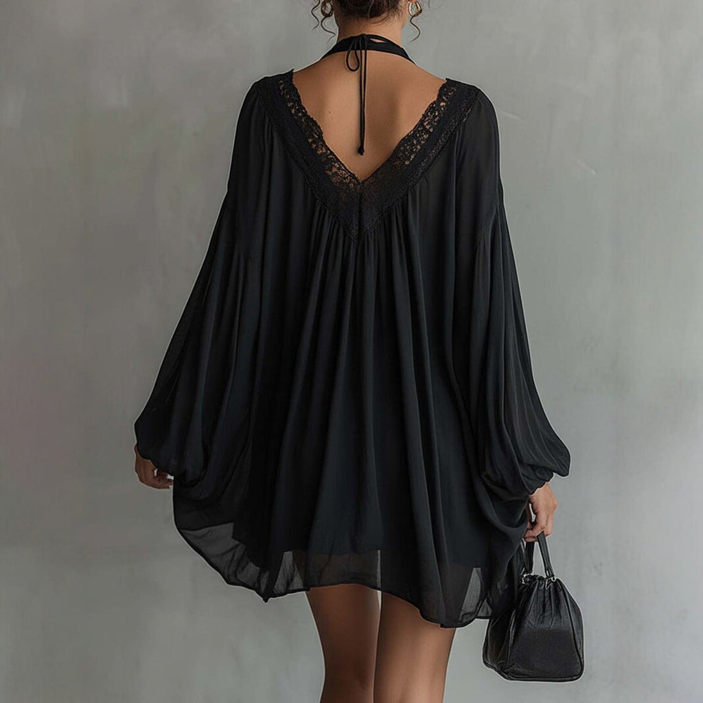 Black Sexy Lace-Panel V-Neck Halterneck Dress