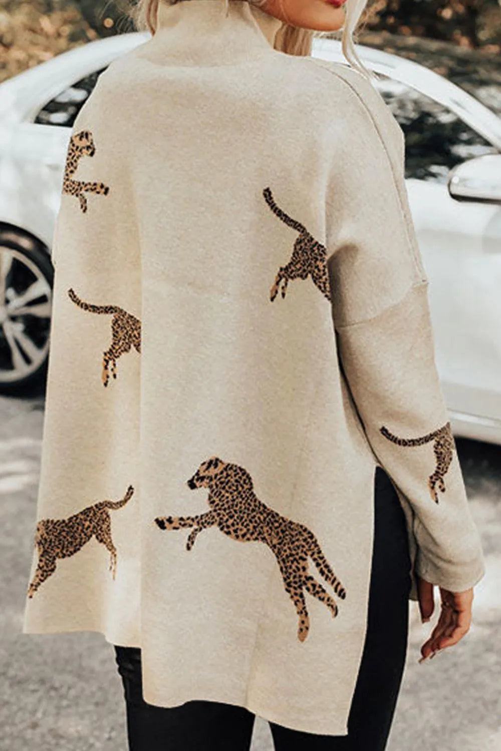 Women's Cream Animal Pattern Mock Neck Long Sleeve Slit Sweater - Cream