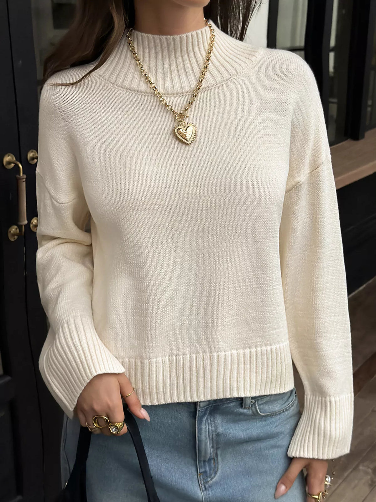 Women's Beige Mock Neck Dropped Shoulder Sweater - Beige