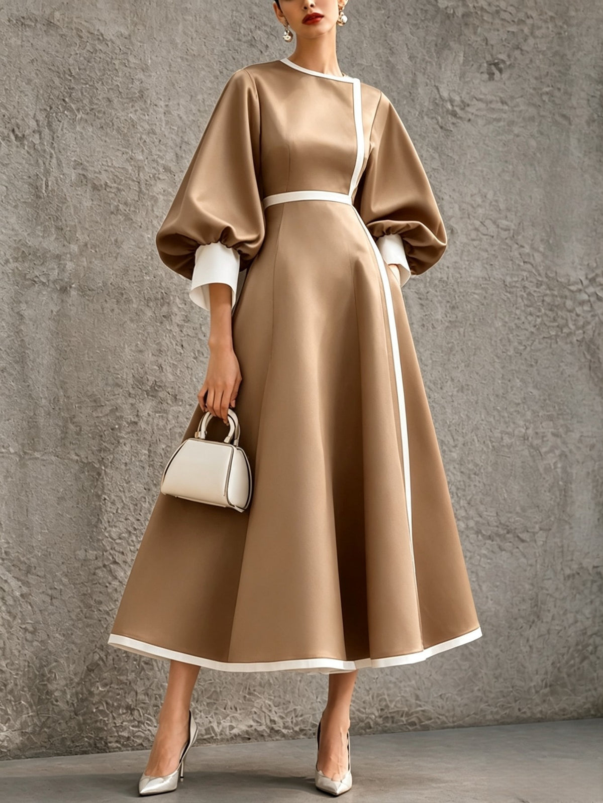 Women's Three-quarter Lantern-sleeve Color-block Dress