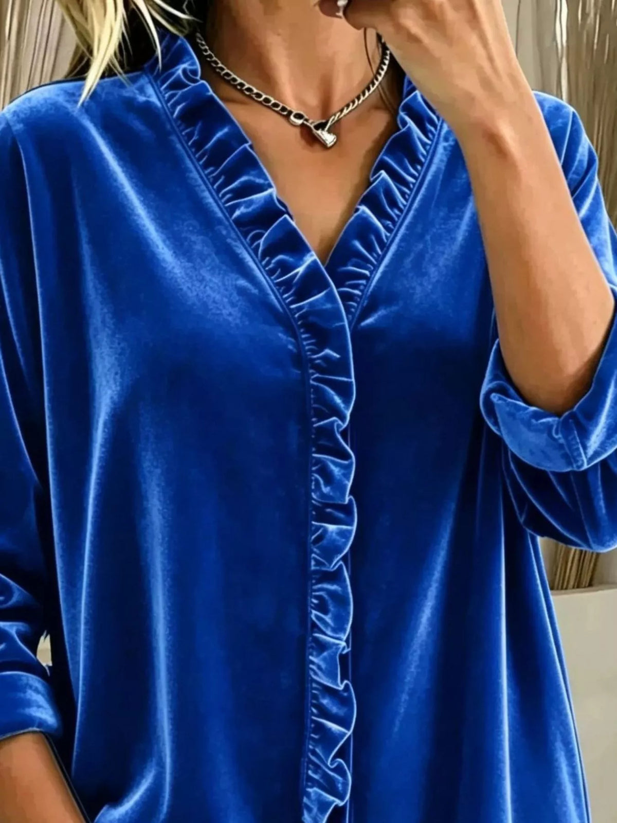 Women's Velvet Frill V-Neck Blouse