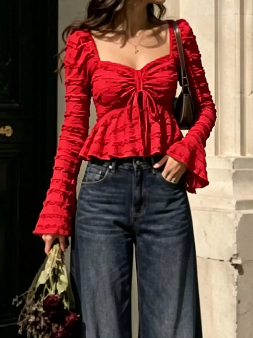 Women's Textured Sweetheart Neck Flare Sleeve Top - Red