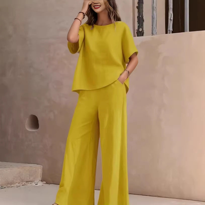 Women's Solid-color Casual Round-neck Short-sleeve And Long-pants Set