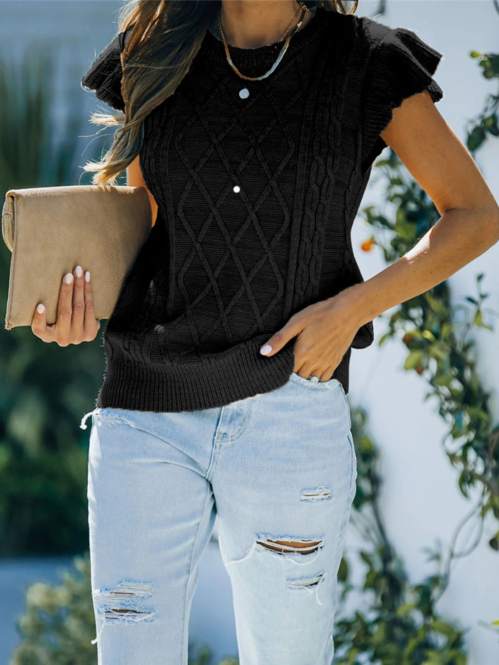Women's Round Neck Cap Sleeve Sweater