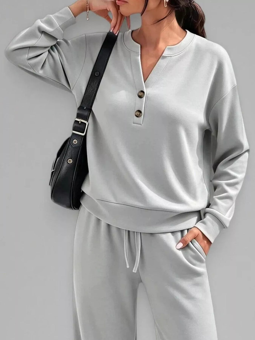 Women's Button Detail Dropped Shoulder Top and Pants Set