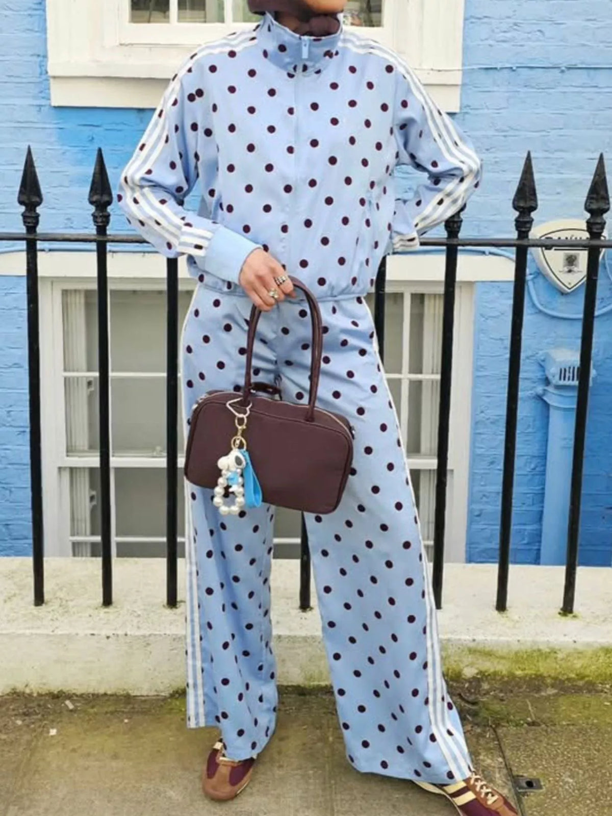 Women's Polka Dot Side Striped Outerwear and Pants Set