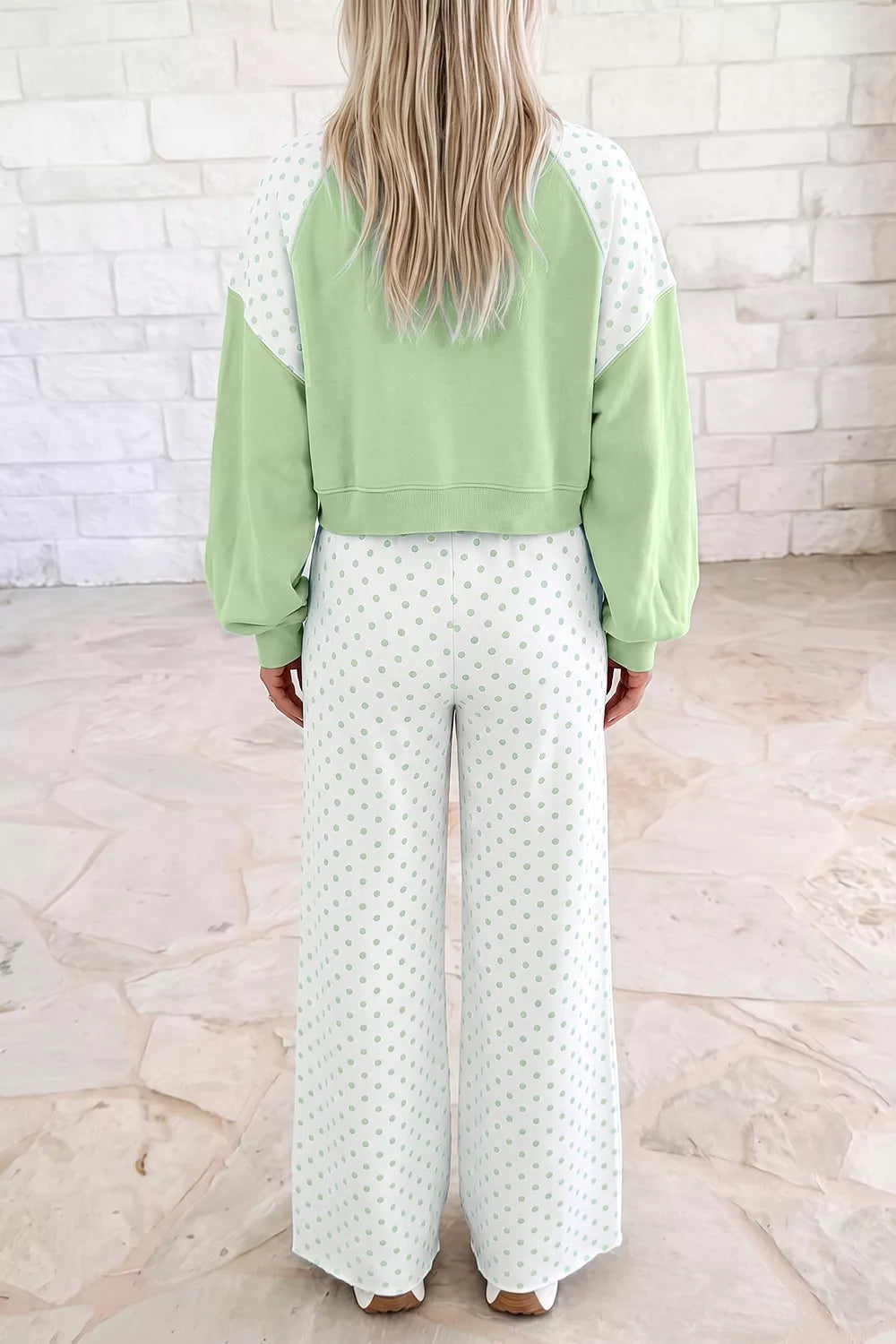 Women's Gum Leaf Polka Dot Color-Block Top and Pants Set - Gum Leaf