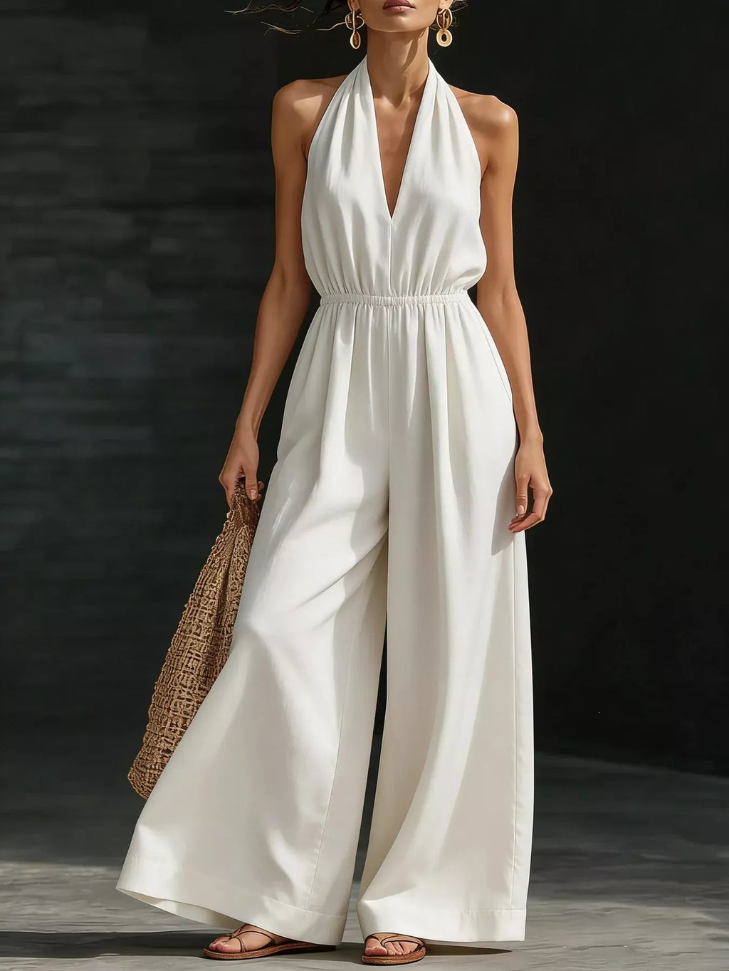 Women's Halter Neck Wide-Leg Jumpsuit, Plus Size - White
