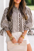 Women's Brown Gingham Scalloped Trim Tie Sleeve Shirt - Brown