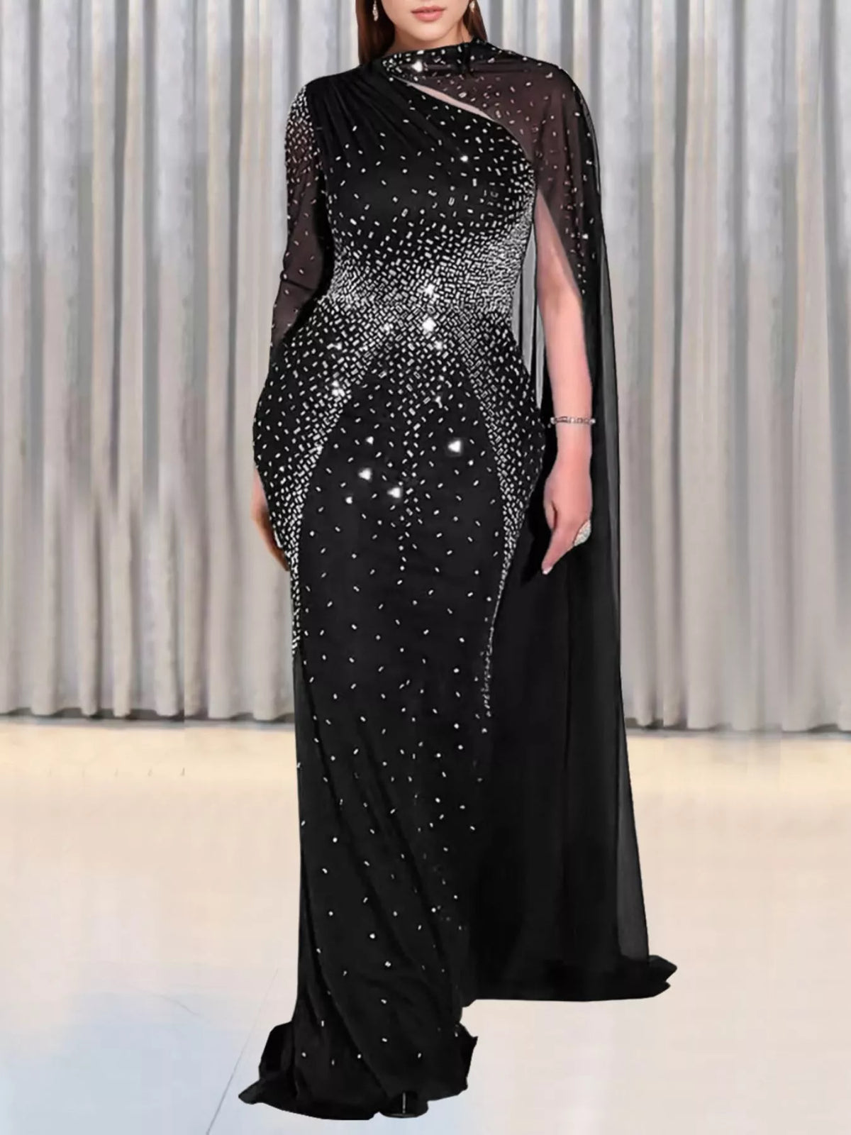 Women's Black Rhinestone Embellished Cape Maxi Dress - Black
