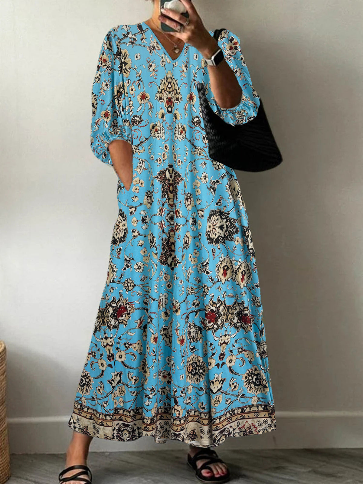 Summer Fashion Casual V-Neck Mid-Sleeve Floral Long Dress Qing